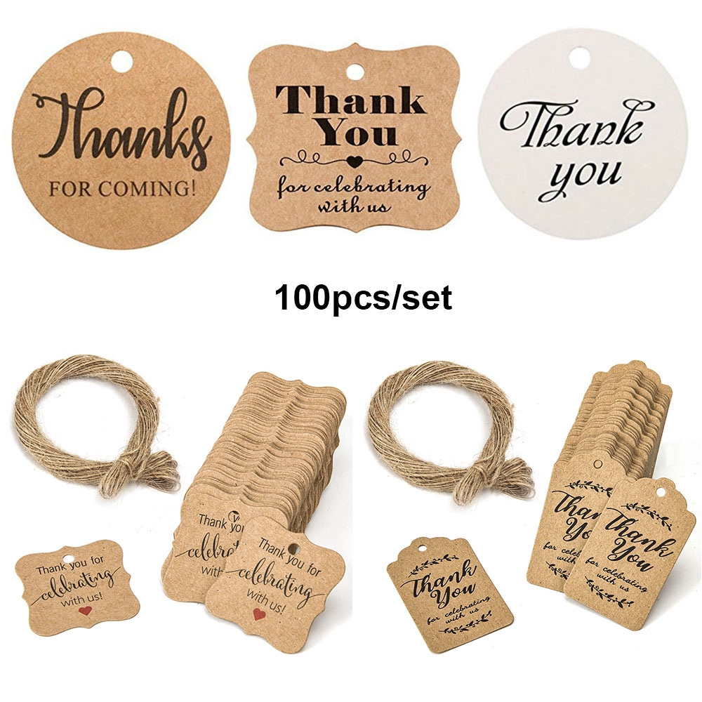 Set 100 thẻ làm thủ công họa tiết chữ Thank You có dây buộc độc đáo DIY cho quà tặng