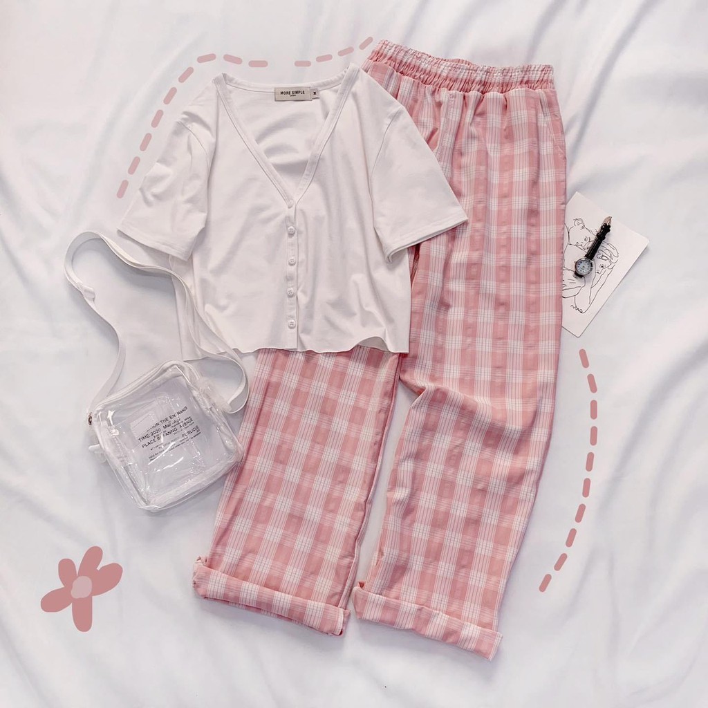 Set bộ áo croptop + pant caro ống rộng ( ảnh thật )