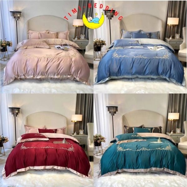 Bộ chăn ga gối lụa 4 món thêu hoàng gia cao cấp, nhập khẩu, sang trọng – Set ga gối lụa – Timibedding