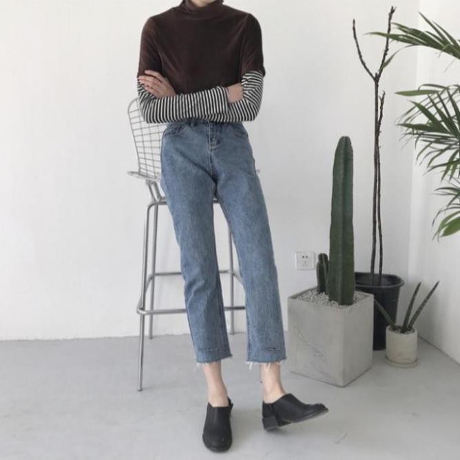 Quần Jean Lửng Nữ 9 Tấc Ống Suông Lưng Cao Hàn Quốc Quần Jean Denim Xanh Ulzzang Quần Bò Nữ Rách Gối Eo Cao Cạp Cao