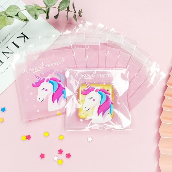 Set 100 túi nhựa đựng bánh kẹo in họa tiết kỳ lân dễ thương tiện dụng