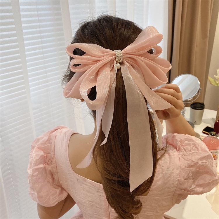 Kẹp Tóc Hình Nơ Vải Chiffon Đính Hạt Ngọc Trai Phối Tua Rua Kiểu Hàn Quốc 2022 Cho Nữ