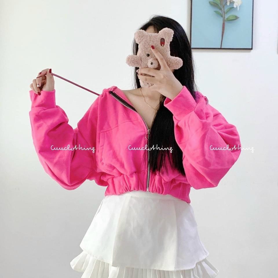 Áo Khoác Crotop Nữ Thiết Kế Tay Phồng Phối Zip Chất Vải Nỉ Mềm Mịn Thể Hiện Phong Cách Sành Điệu