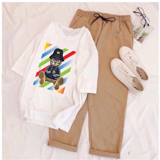 Sét Bộ Đồ Nữ Mặc Đi Chơi Dự Tiệc, Mặc Ở Nhà Mùa Hè, Áo Phông In Gấu Áo Đen Cotton+Quần Kaki Phong Cách Teen Hàn Quốc