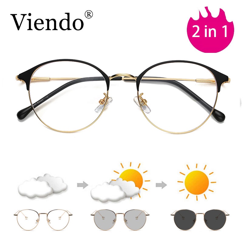 Gọng kính cận kim loại nam nữ Viendo gọng tròn đổi màu chống ánh sáng xanh chống tia uv Hàn Quốc thời trang(có thể cắt cận thị ống kính)