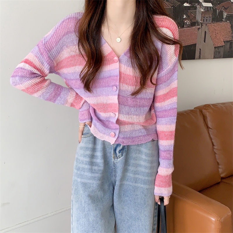 Áo cardigan Tay Dài Cổ Chữ V Form Ôm Họa Tiết Kẻ Sọc Cầu Vồng Ngọt Ngào Cho Nữ