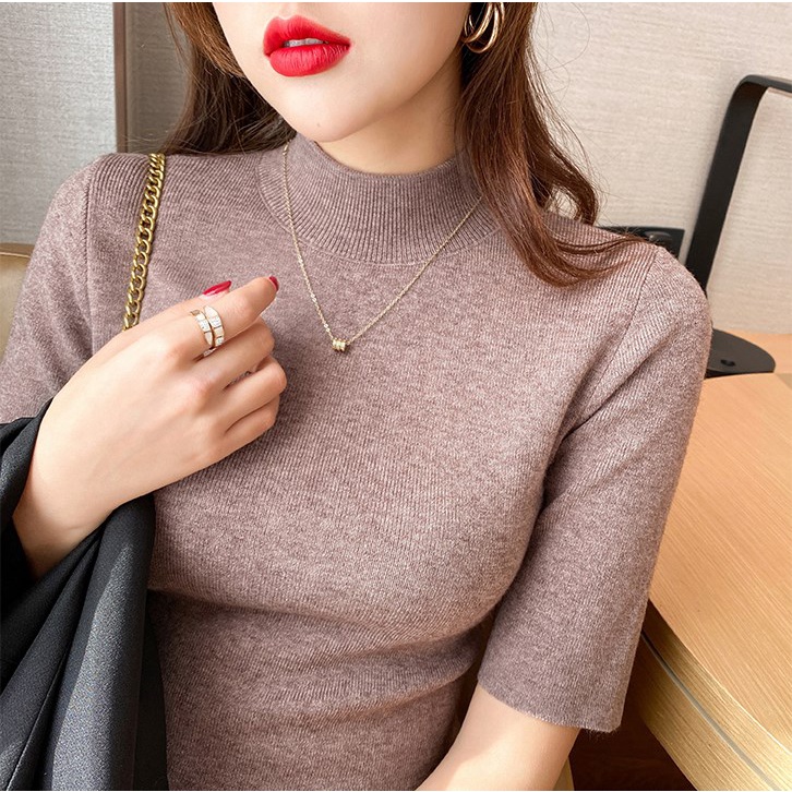 Áo Dệt Kim Tay Ngắn Cổ Lọ Thời Trang Hàn Quốc Dành Cho Nữ