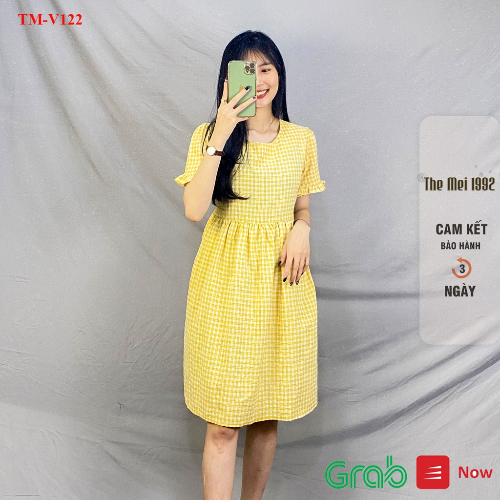 Váy suông nữ The Mei 1992- Đầm bầu bigsize cổ vuông chất cotton cao cấp mát mịn kẻ caro tay ngắn siêu xinh