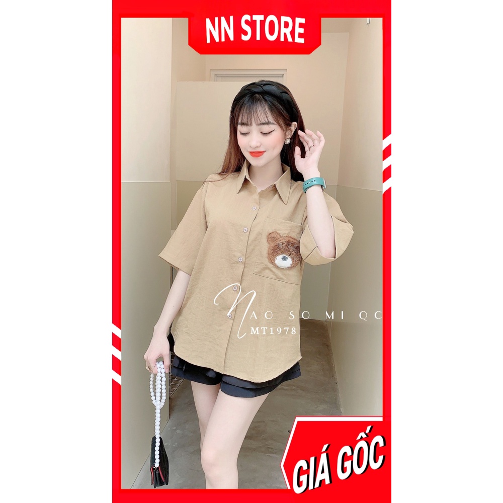 Áo sơ mi nữ công sở tay ngắn chất vải MT mềm mịn thêu gấu dễ thương Áo kiểu nữ MT1978