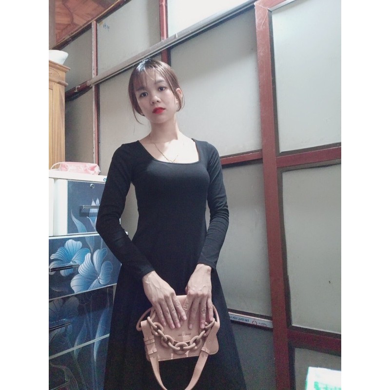 Đầm dài xoè len zip cổ U - Váy nữ dáng suông tôn dáng dài tay cổ vuông nữ | BigBuy360 - bigbuy360.vn