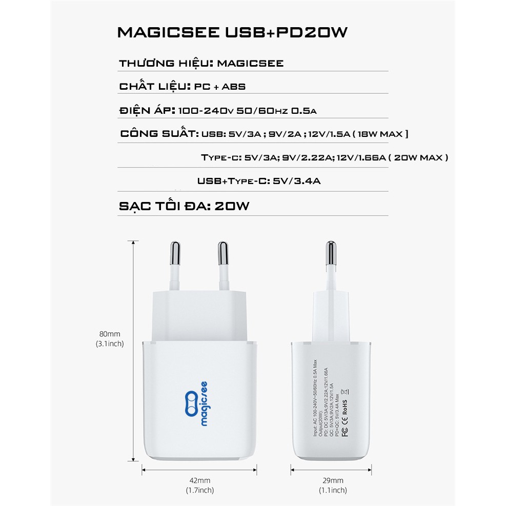 [Mã 2404EL10K giảm 10K đơn 20K] Củ sạc nhanh Iphone 20W Magicsee E1 PD20W cho Iphone 12 , 11