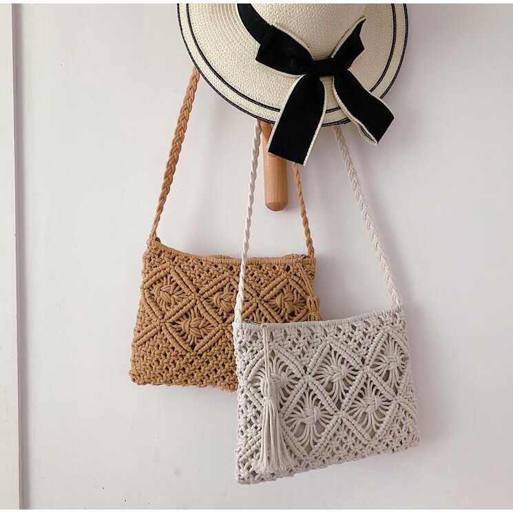 Túi ví Macrame handmade đeo chéo - hình chữ nhật - phụ kiện tua rua