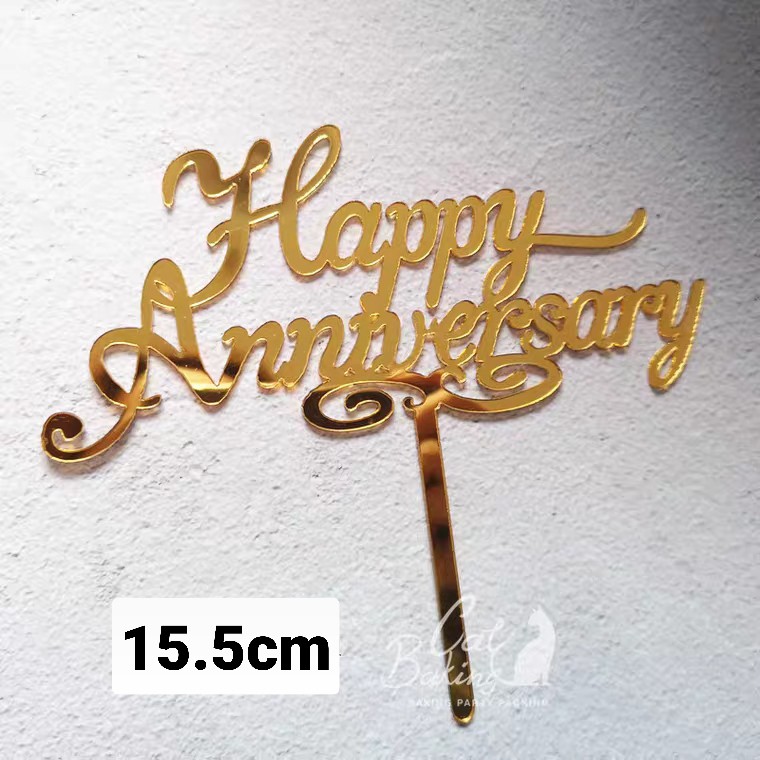 Cắm chữ mica, topper Happy Anniversary cắm bánh kem màu vàng,  Anniversary cake (Dịch: Chúc mừng vào ngày kỷ niệm)