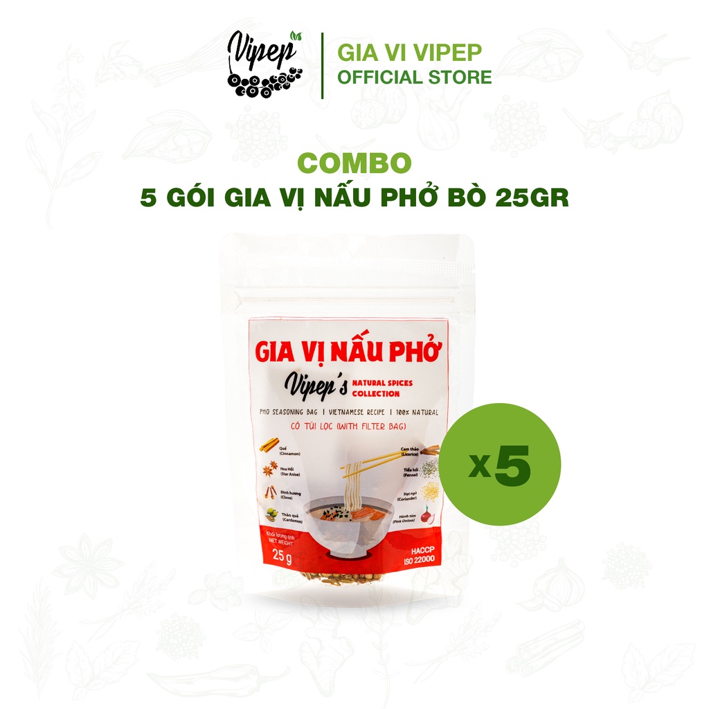 Combo 5 gói gia vị nấu phở bò, phở gà, phù hợp nấu bún bò (Vipep chuyên các gia vị tẩm ướp, hữu cơ và gia vị nêm sẵn)