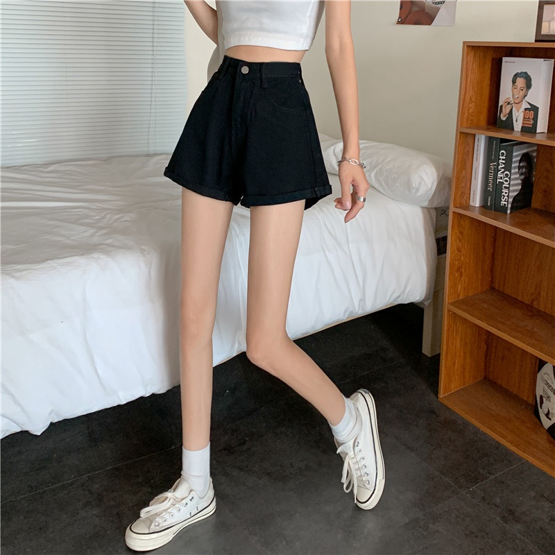 Quần Short Denim Ống Rộng Lưng Cao Màu Trơn Thời Trang Mùa Hè Hàn Quốc Cho Nữ