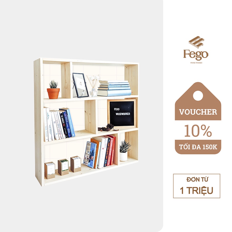 Kệ sách gỗ thông nhiều ngăn 3 tầng FEGO nội thất phòng khách, decor phòng làm việc