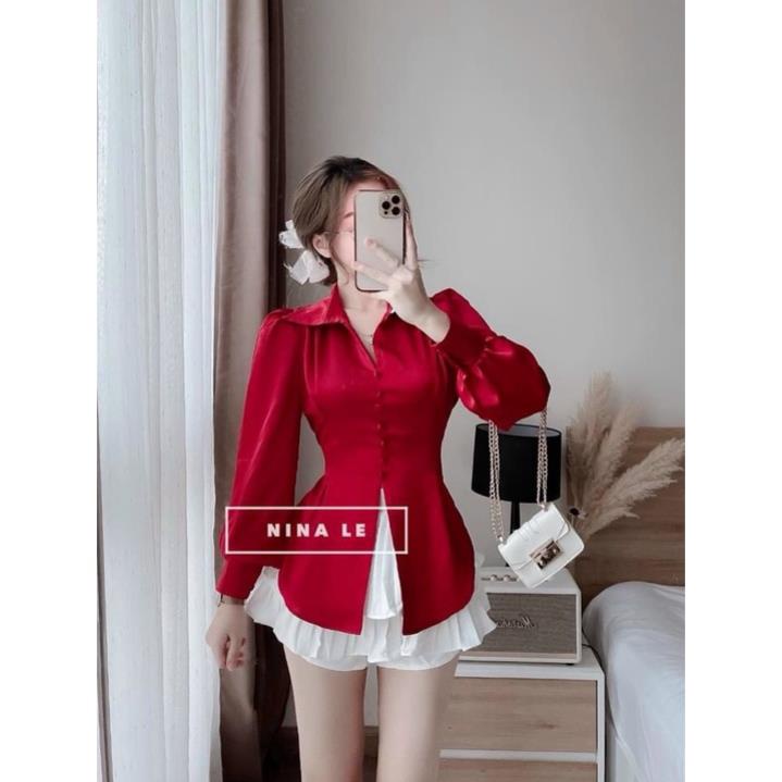 TCO Set áo sơ mi đỏ nút bọc tay phồng croptop thắt nơ lưng phối chân váy trắng 2 tầng có quần trong tiểu thư