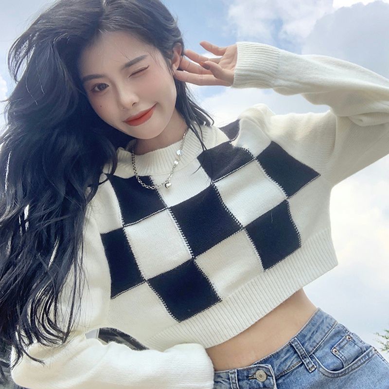 Áo Croptop Dệt Kim Tay Dài Hoạ Tiết Kẻ Sọc Phong Cách Vintage
