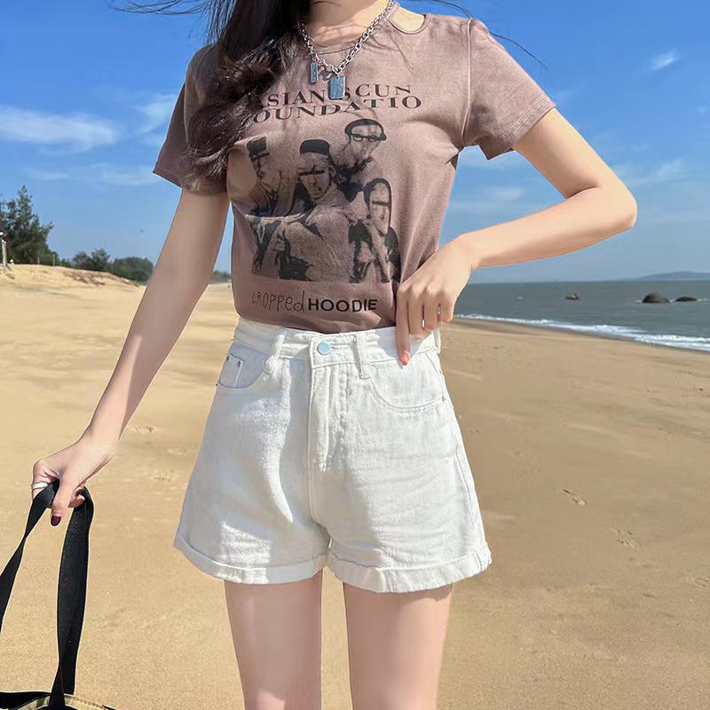 Quần Short Denim Plus Size Lưng Cao Màu Trơn Phong Cách Hàn Quốc