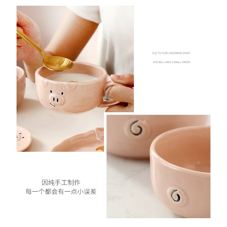 Bộ bát đĩa sứ Nhật Bản hình lợn hồng, bát đĩa sứ màu hồng cute, set bát đĩa cốc in hình xinh xắn