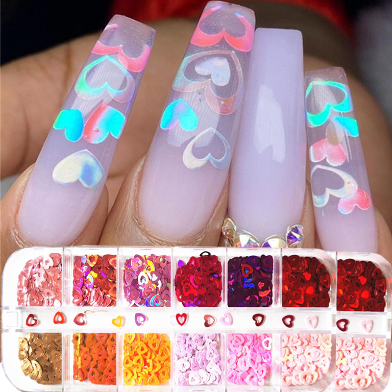 [Hàng mới về] Hộp sequin trang trí móng diy hình trái tim/con bướm kháng nước chủ đề lễ tình nhân