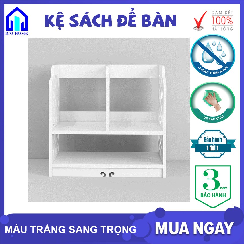 Kệ sách để bàn bằng gỗ hoa văn đẹp dễ dàng lắp ghép có nhiều ngăn, để bàn học bàn làm việc văn phòng - ICO HOME