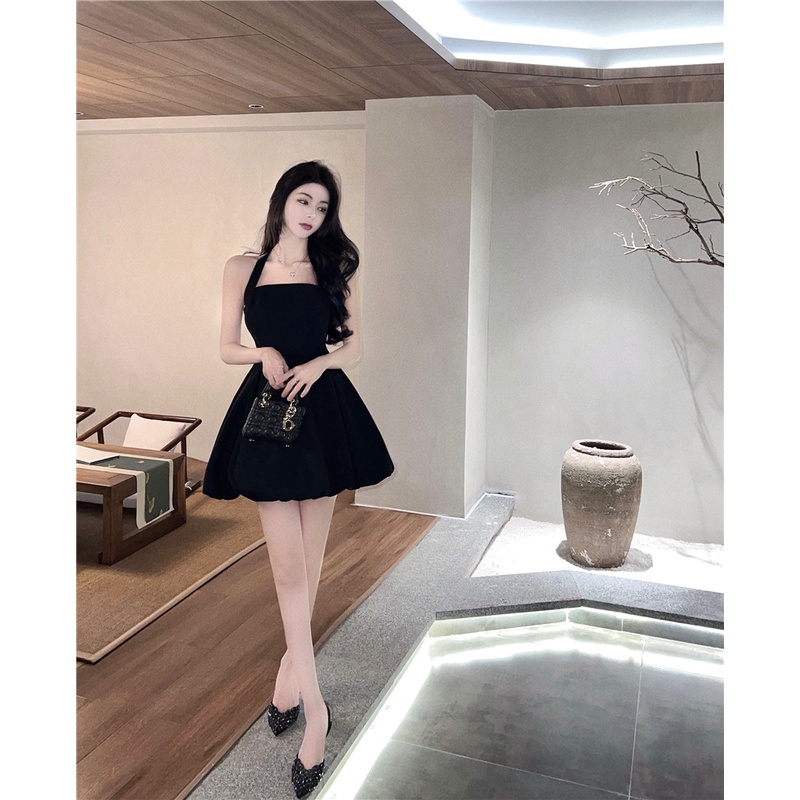 Đầm Búp Bê Ôm Eo Cổ Yếm Xương Cá Có Dây Buộc Cổ Cá Cá Tính Ngọt Ngào Cá Tính Cho Nữ