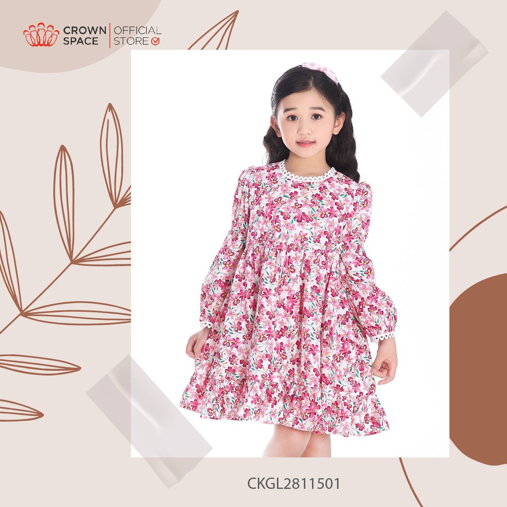 Váy Thu Đông Cao Cấp Crown Space Tay Dài Hai Lớp Dành Cho Bé Gái -Hồng Pastel Hoa Nhí Siêu Xinh CKGL2811501 Size 13-33kg
