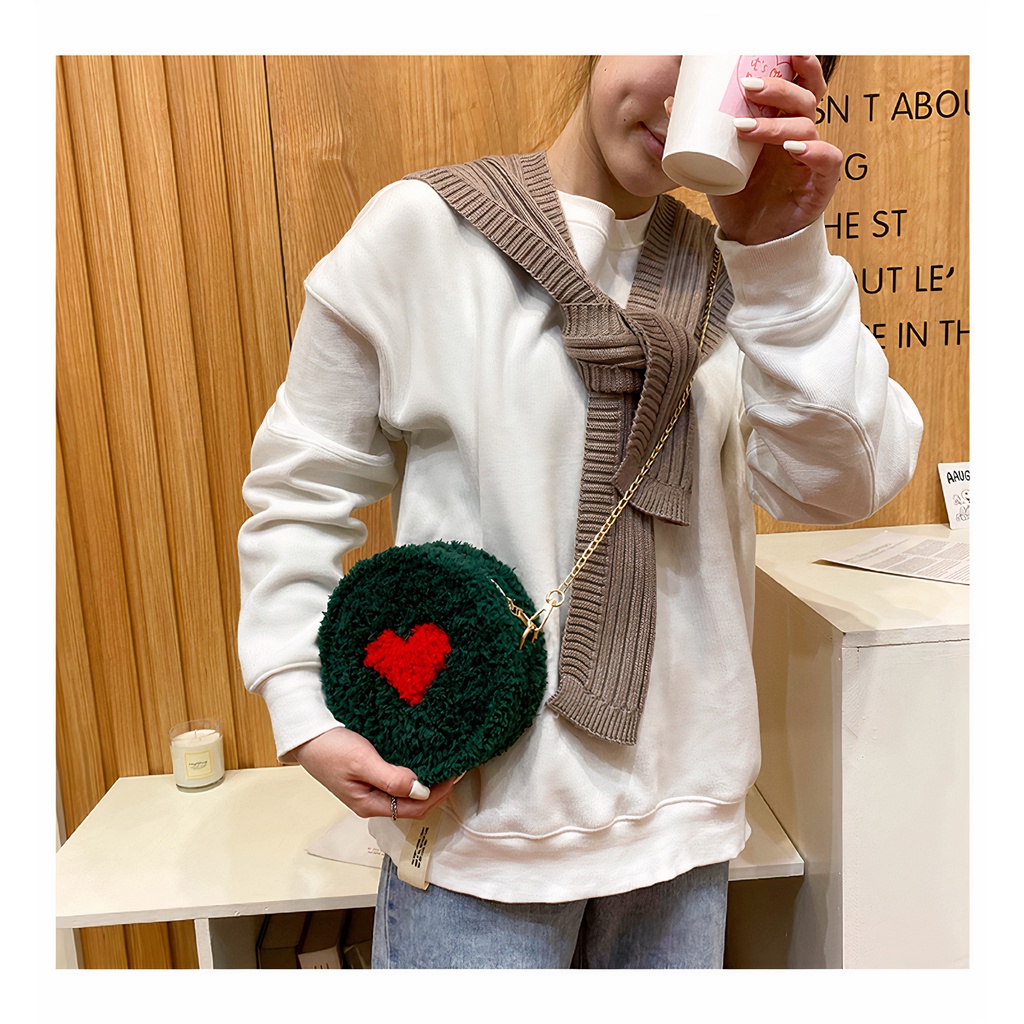 Túi len tự đan, túi đeo chéo hình tròn trái tim dễ thương cá tính - Bộ phụ kiện đầy đủ LX601