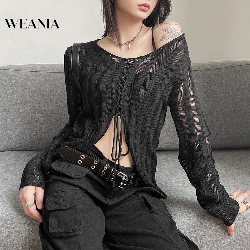 Áo Dệt Kim Tay Dài Dáng Rộng Cổ Chữ V Thắt Dây Quyến Rũ
