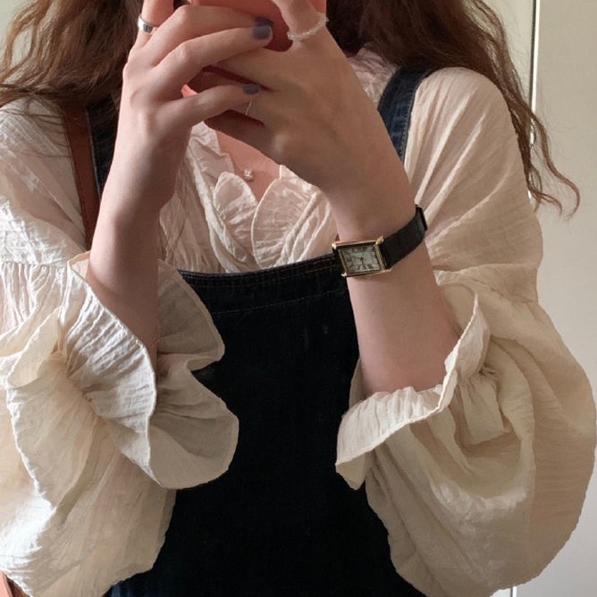 Áo sơ mi chiffon dài tay màu xanh lam thời trang mùa thu cho nữ