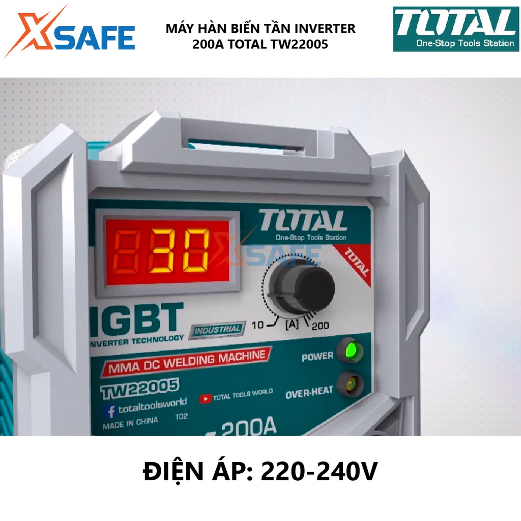 Máy hàn điện tử TOTAL TW220052 Máy hàn điện tử Inverter MMA Điện thế 220-240V Điện áp 10-200A Điện thế không tải 70V