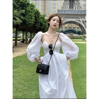 Set midi đầm 2 dây trắng xốp phồng xoè kèm khoác crop 🌼