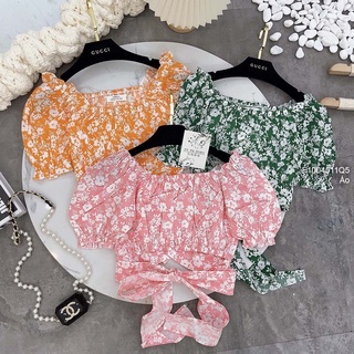 Áo hoa nhí croptop cột nơ eo tay ngắn bo!