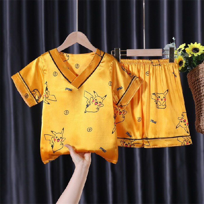 Bộ Đồ Ngủ Tay Ngắn Chất Lụa In Họa Tiết Hoạt Hình Phong Cách Hàn Quốc Thời Trang Cho Bé Trai Và Gái