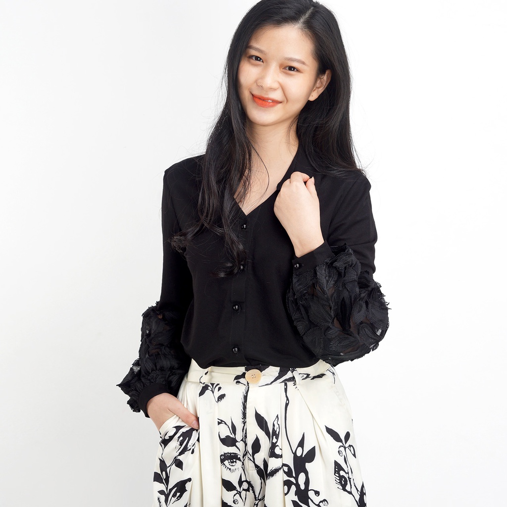 Áo sơ mi nữ SAYME vải mềm rủ phối ren tay tinh tế WCSH0005