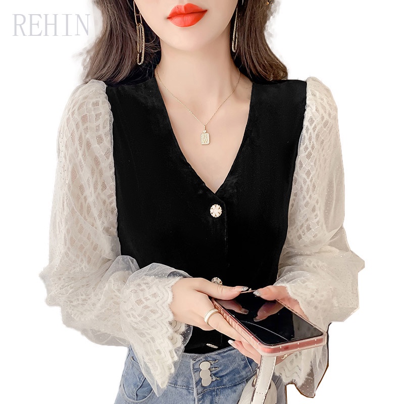 Áo sơ mi nữ tay dài cổ chữ V phối ren thời trang mới