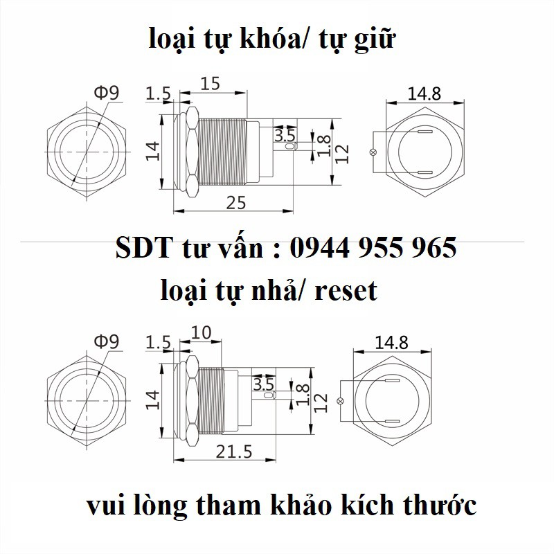 Công tắc nút nhấn kim loại 12mm đầu cao 12V 24V chống nước chống gỉ sét ô tô