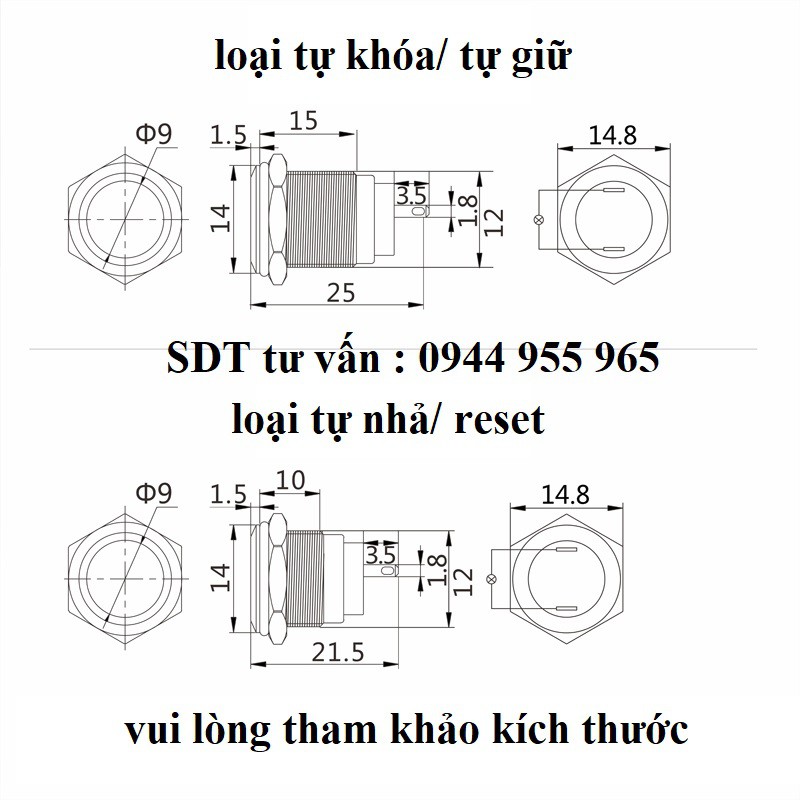 Công tắc kim loại 12mm, đầu cao, nhấn khóa nhấn nhả 12V 24V 220V ô tô