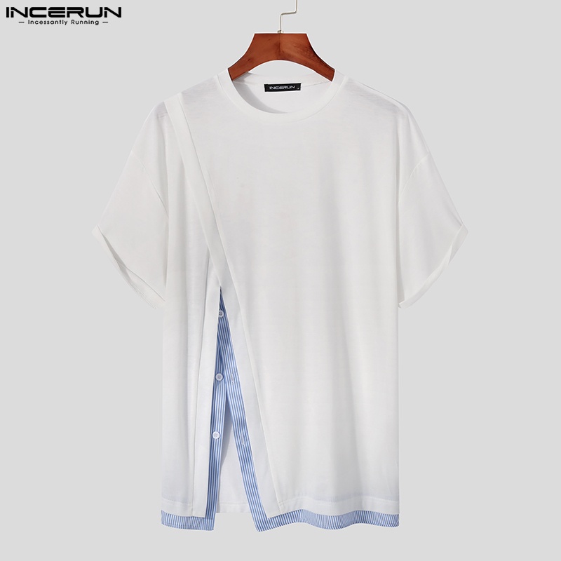 Áo thun INCERUN tay ngắn thiết kế ghép phối sọc kiểu mùa hè cho nam