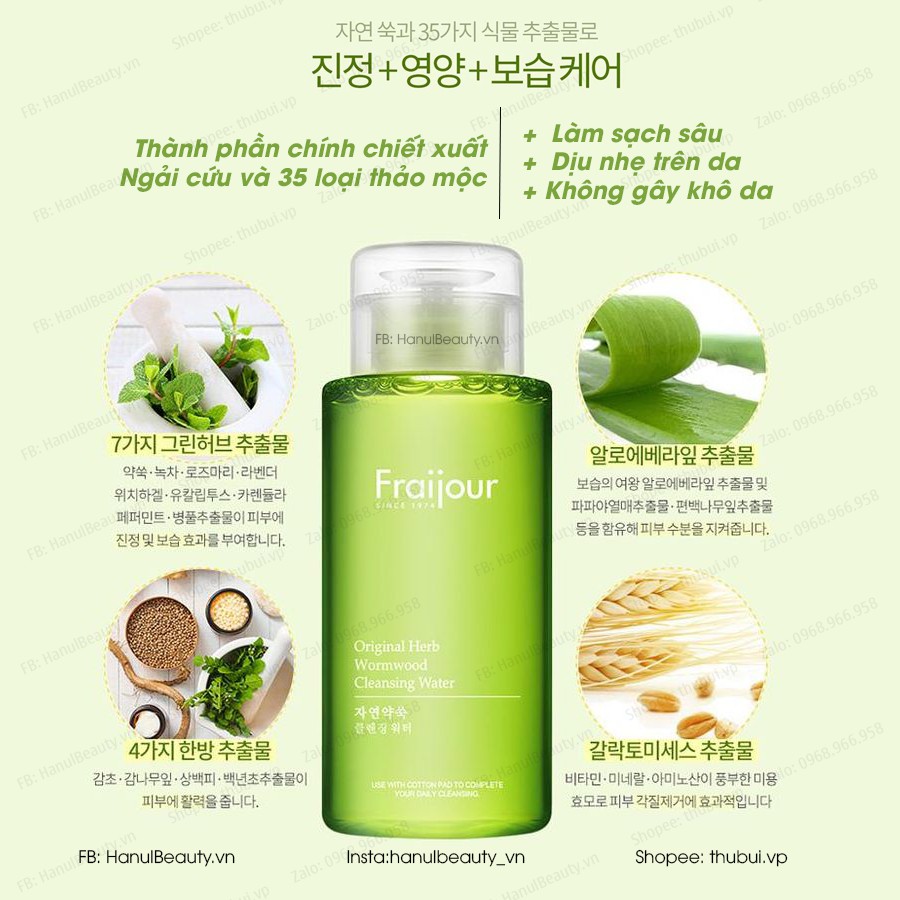 Nước tẩy trang FRAIJOUR Thảo Mộc Original Herb Wormwood Cleansing Water 300ml