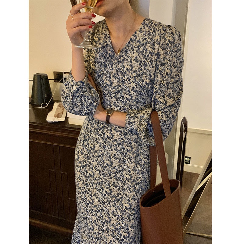 Đầm tay dài cổ chữ v in họa tiết hoa phong cách Hàn Quốc thời trang cho nữ