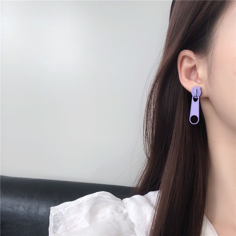 Khuyên tai SKJK bằng kim loại thiết kế khóa kéo dễ thương có nhiều màu phong cách Hàn Quốc