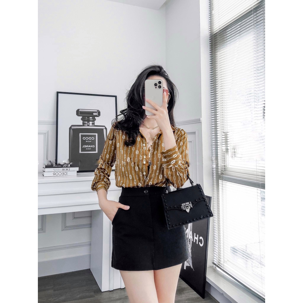 Áo sơ mi lụa họa tiết LAMIGO dáng cơ bản dài tay cổ đức M170