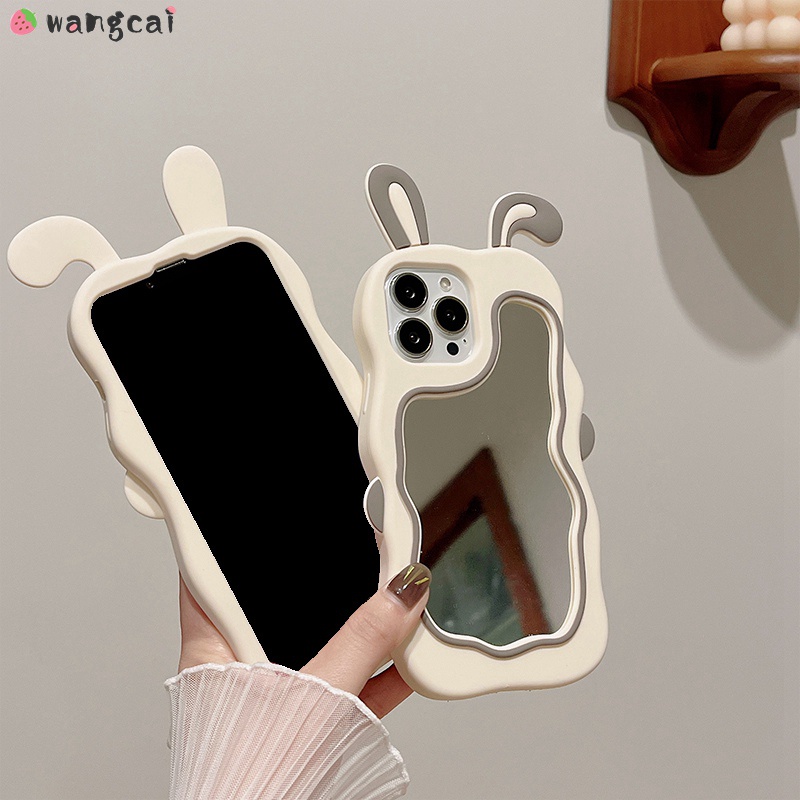 Ốp Điện Thoại Silicone Mềm Mặt Gương Trang Điểm Thiết Kế Tai Thỏ 3D Cho iPhone 13 12 11 Pro Max
