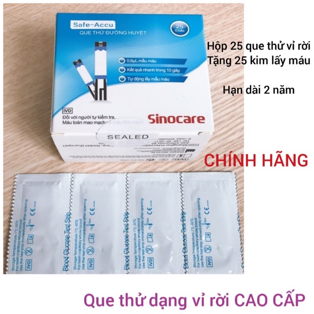 Que thử đường huyết Safe Accu Sinocare dạng vỉ CAO CẤP, SIÊU RẺ, chất lượng Đức, tặng 25 kim lấy máu