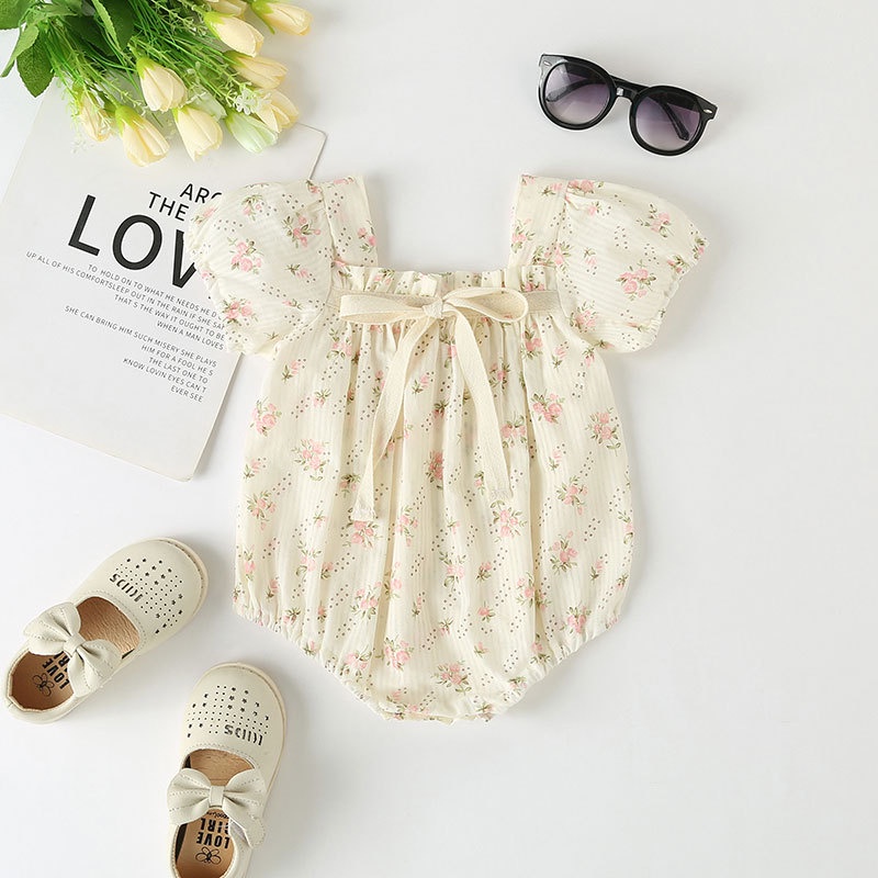 Bộ Áo Liền Quần Bằng Vải Cotton Màu Vàng In Hoa Dành Cho Bé Gái Sơ Sinh 0715