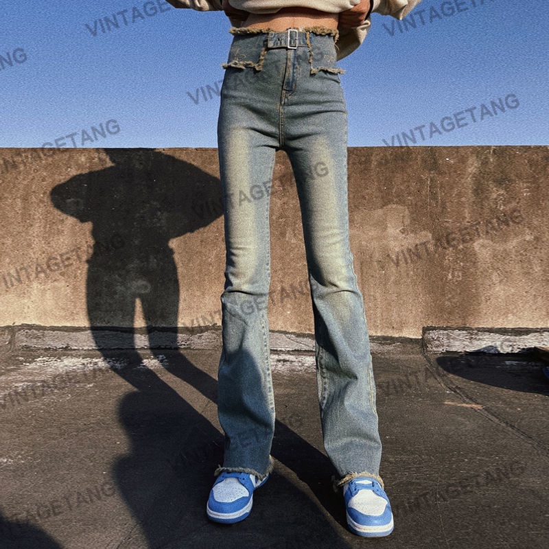 Jiashucheng Quần Jean Lưng Cao Dáng Ôm Nhẹ Nhàng Kiểu Retro Mỹ Cho Nữ