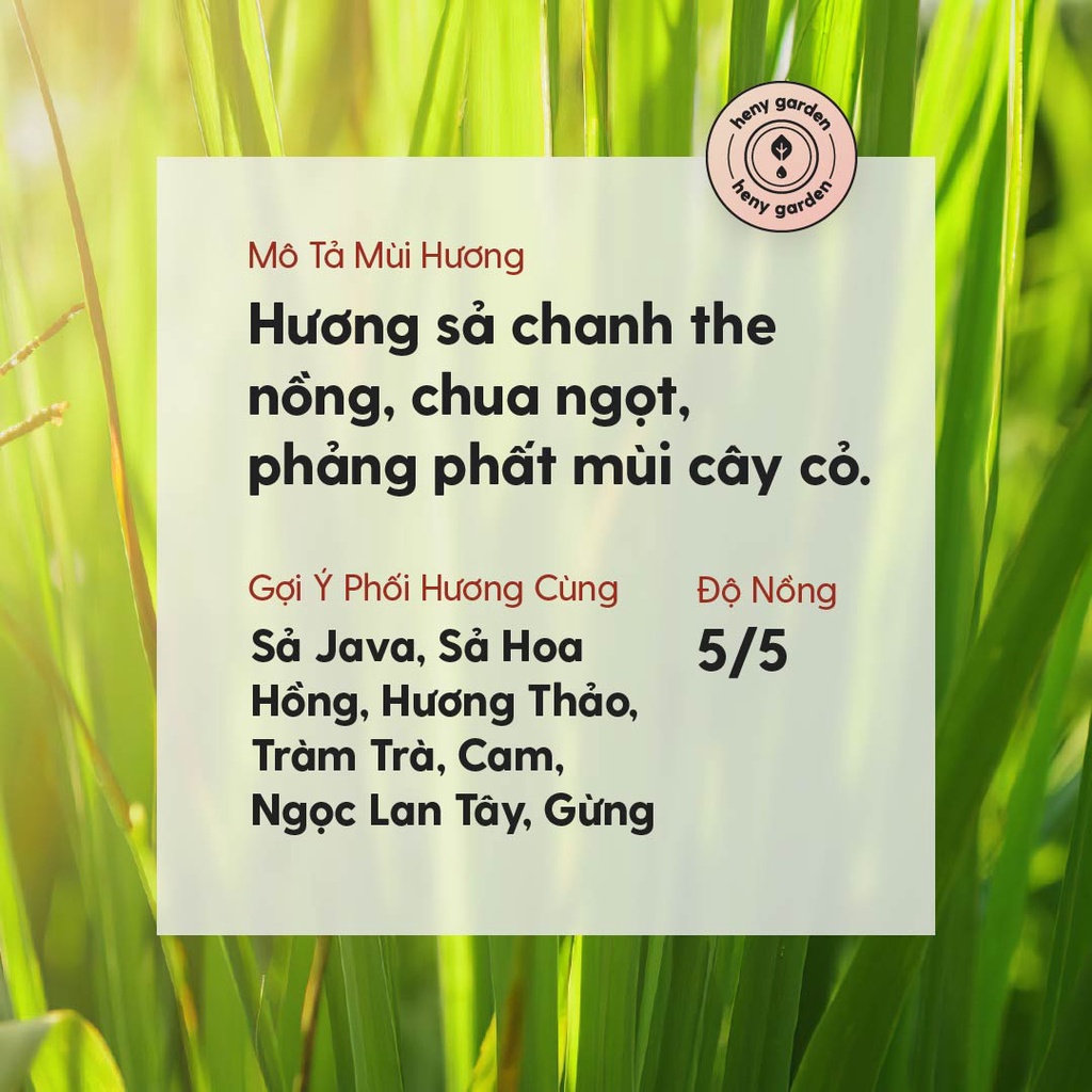 Tinh Dầu Sả Chanh Organic Nguyên Chất Đậm Đặc Xông Thơm Phòng, Làm Nến Thơm Thiên Nhiên, Giúp Dễ Ngủ Heny Garden 10mL