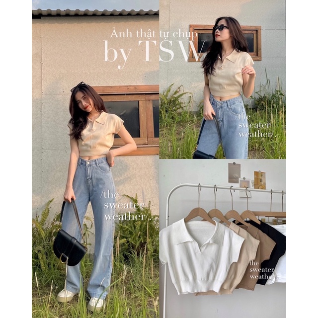 Áo croptop len mỏng cổ polo ( Ảnh thật )